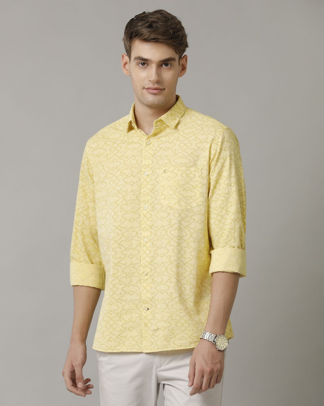 Men's Blended Linen Yellow Printed Contemporary Fit Full Sleeve Casual Shirt