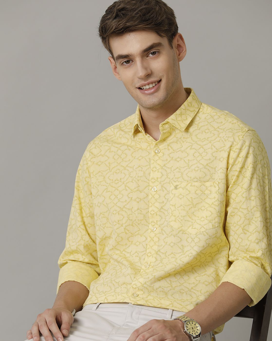 Men's Blended Linen Yellow Printed Contemporary Fit Full Sleeve Casual Shirt