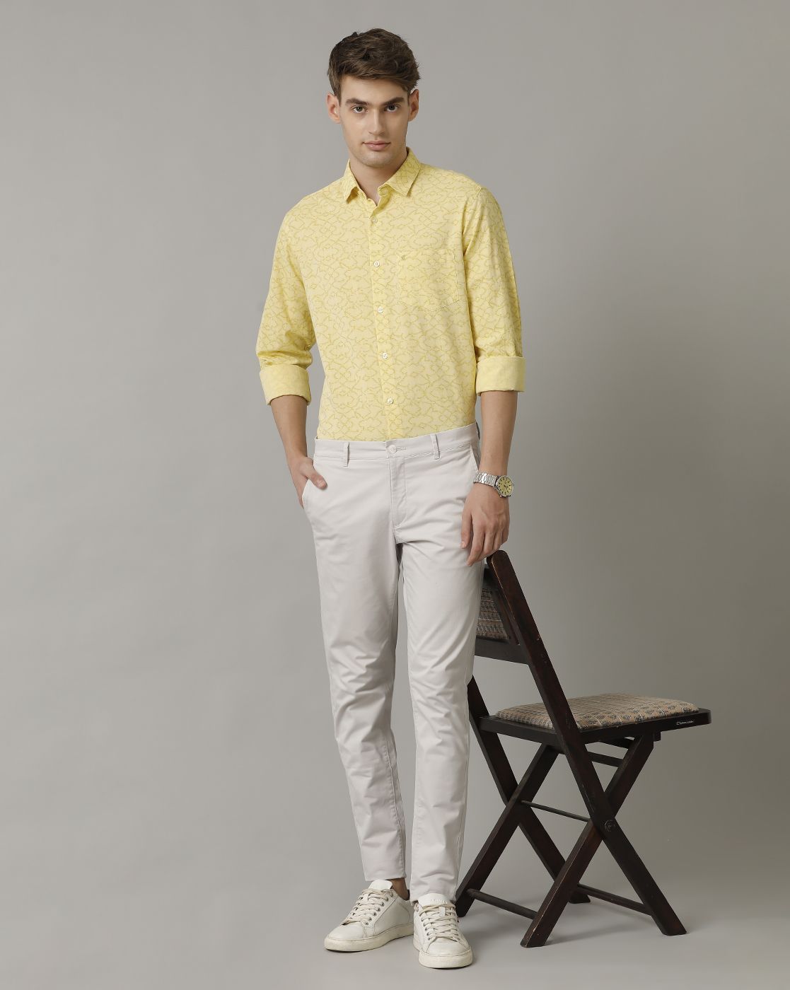 Men's Blended Linen Yellow Printed Contemporary Fit Full Sleeve Casual Shirt