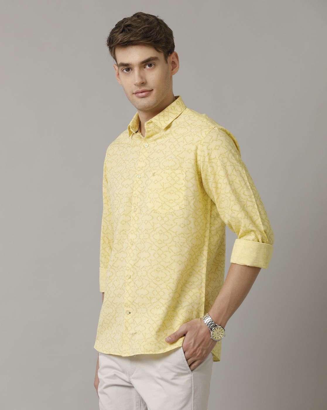 Men's Blended Linen Yellow Printed Contemporary Fit Full Sleeve Casual Shirt