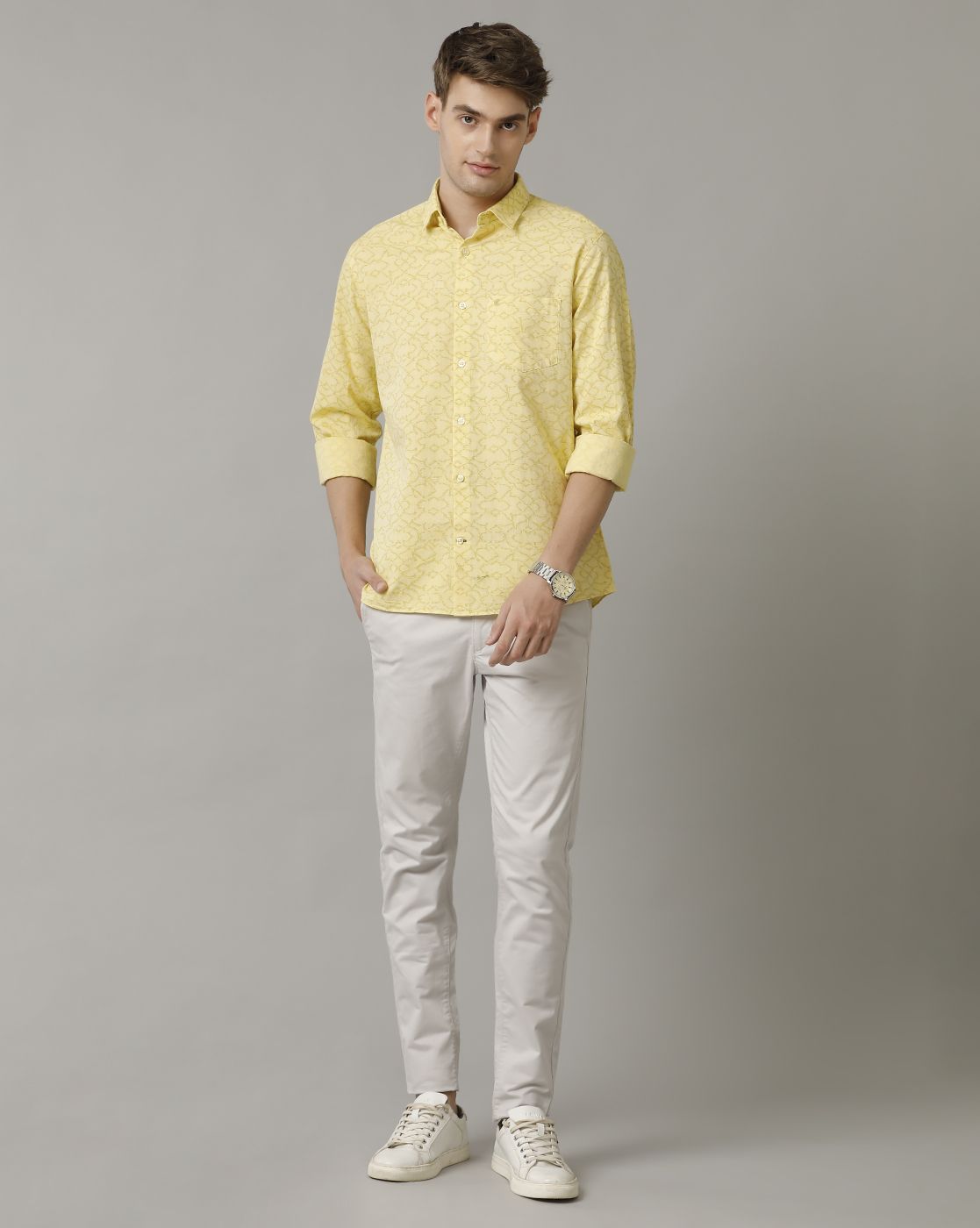 Men's Blended Linen Yellow Printed Contemporary Fit Full Sleeve Casual Shirt
