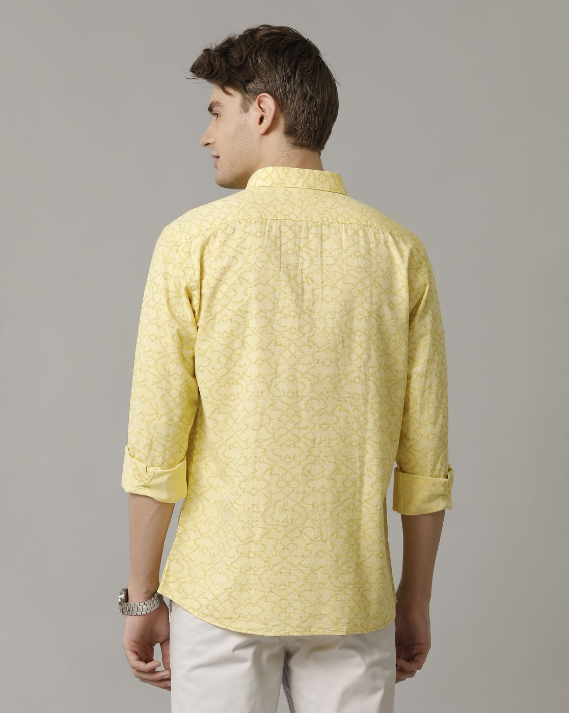 Men's Blended Linen Yellow Printed Contemporary Fit Full Sleeve Casual Shirt