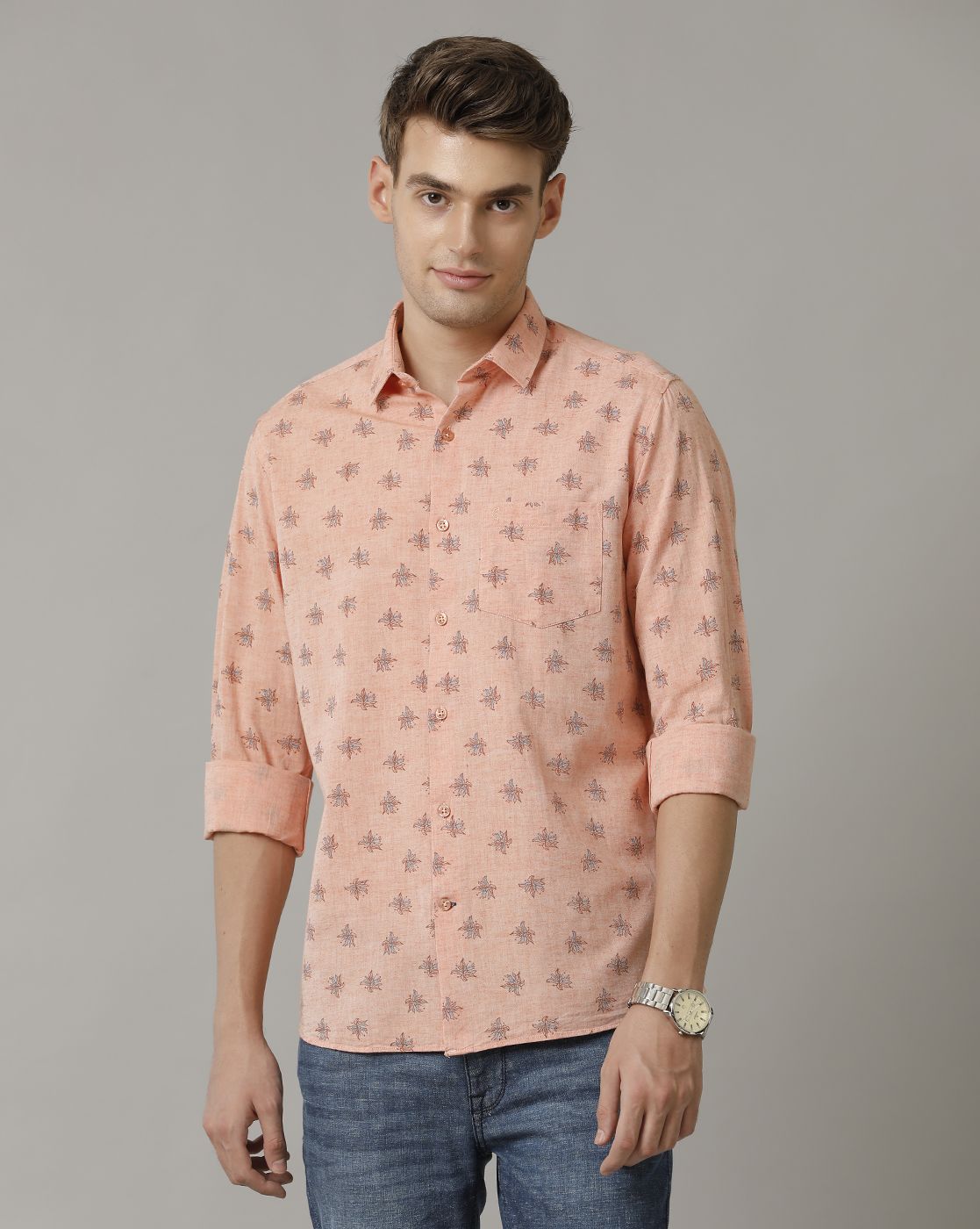 Men's Blended Linen Orange Printed Contemporary Fit Full Sleeve Casual Shirt