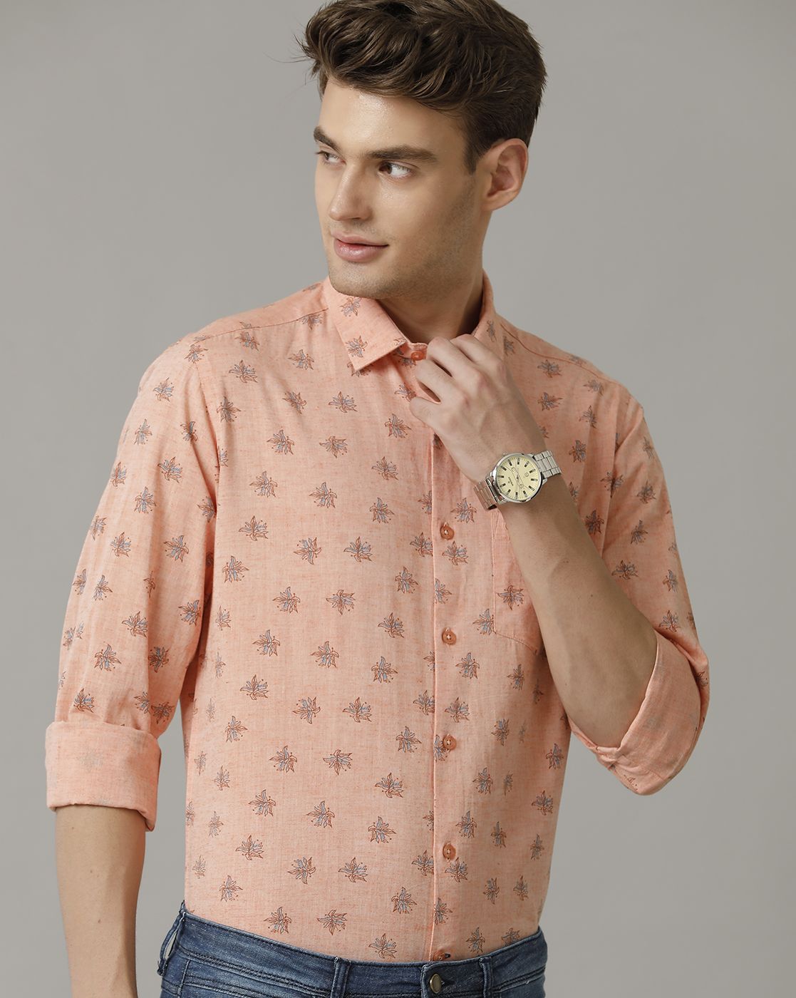 Men's Blended Linen Orange Printed Contemporary Fit Full Sleeve Casual Shirt