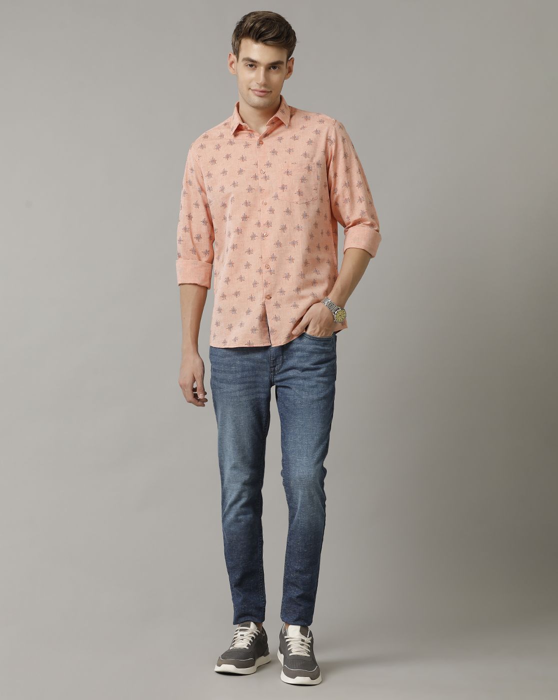 Men's Blended Linen Orange Printed Contemporary Fit Full Sleeve Casual Shirt