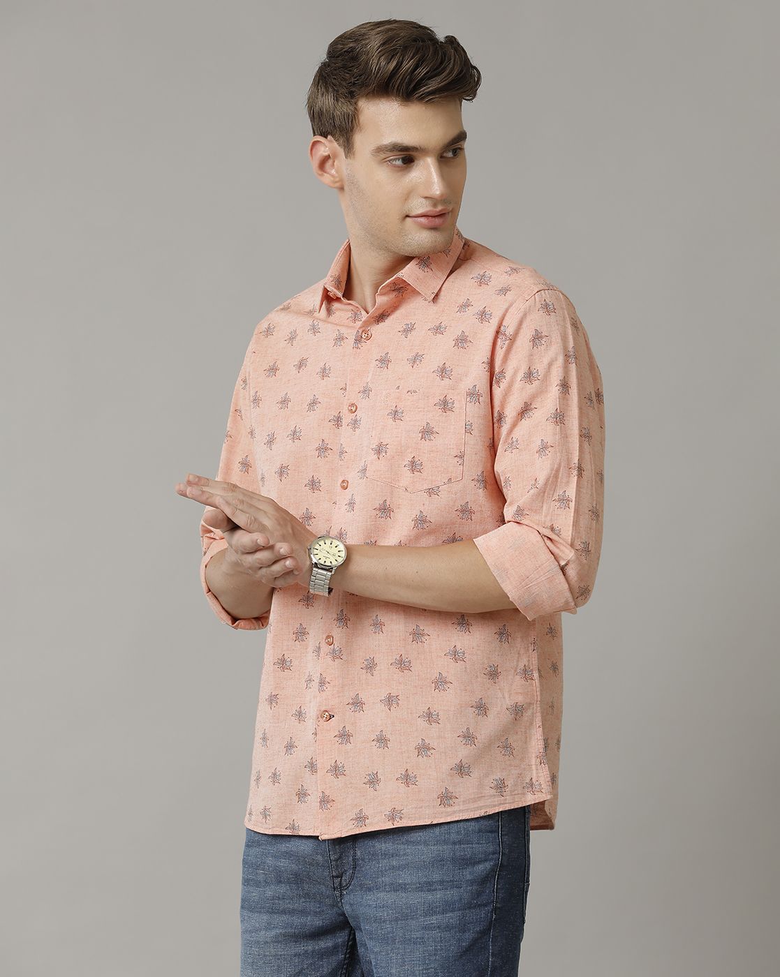 Men's Blended Linen Orange Printed Contemporary Fit Full Sleeve Casual Shirt