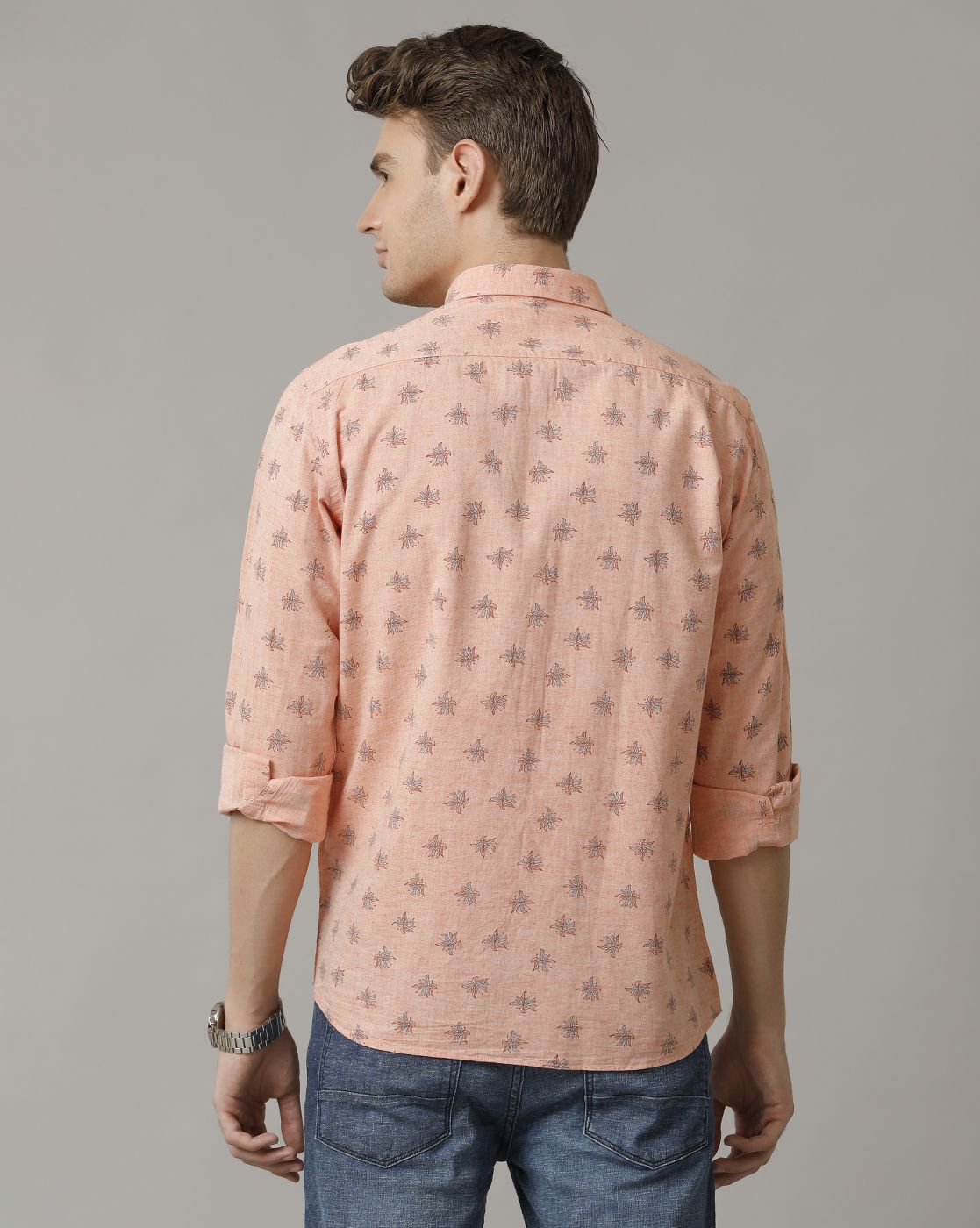 Men's Blended Linen Orange Printed Contemporary Fit Full Sleeve Casual Shirt