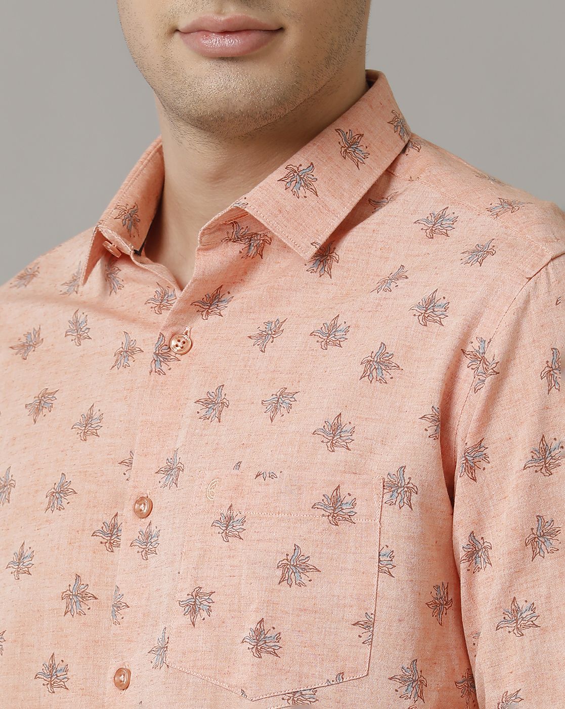 Men's Blended Linen Orange Printed Contemporary Fit Full Sleeve Casual Shirt