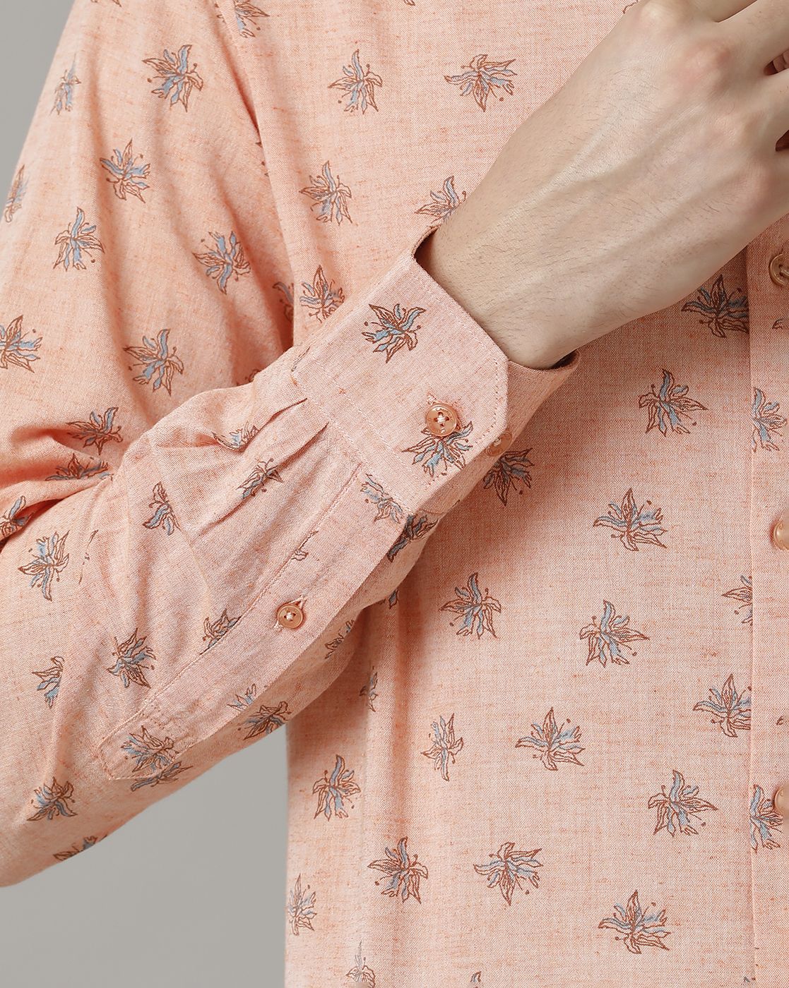 Men's Blended Linen Orange Printed Contemporary Fit Full Sleeve Casual Shirt