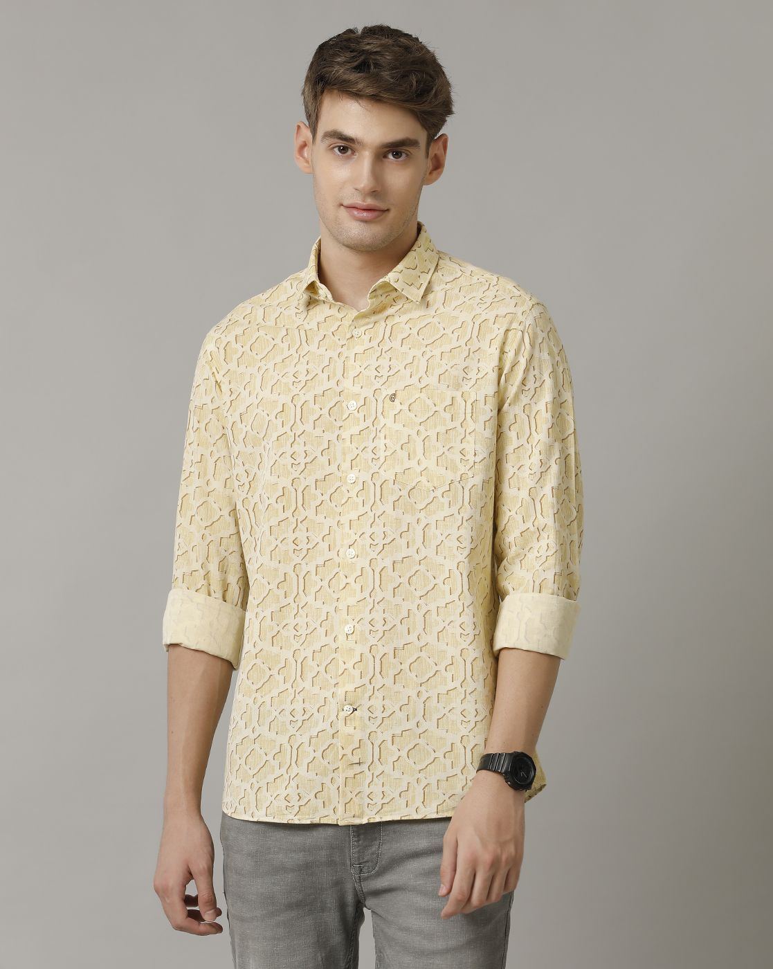 Cavallo By Linen Club Men's Yellow Printed Contemporary Fit Full Sleeve Casual Shirt