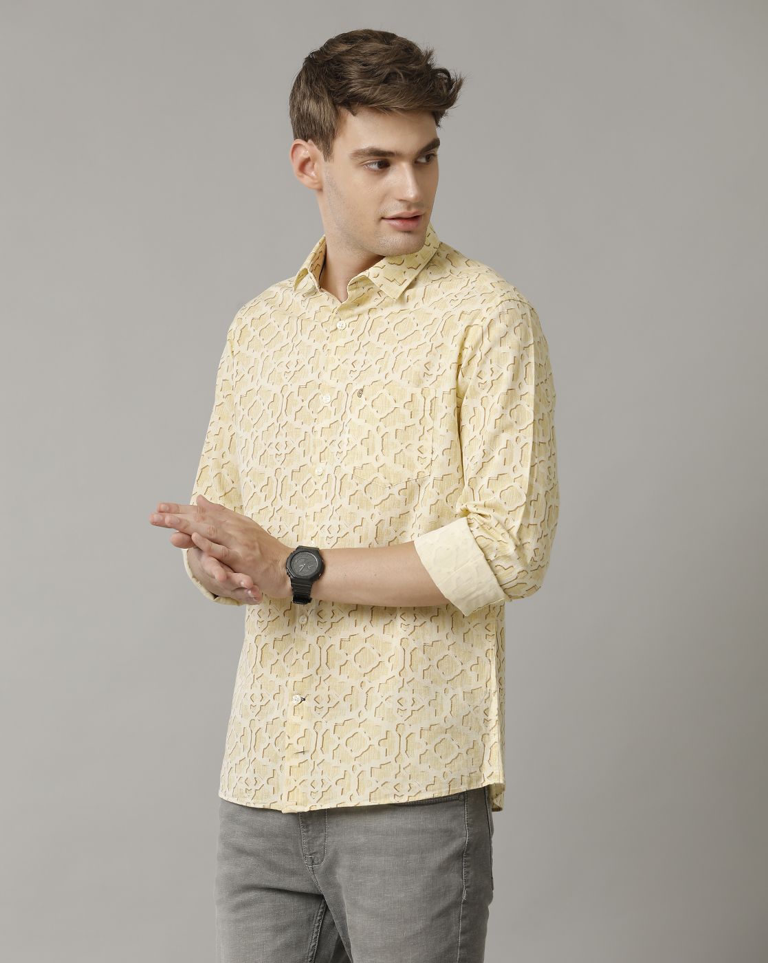 Cavallo By Linen Club Men's Yellow Printed Contemporary Fit Full Sleeve Casual Shirt