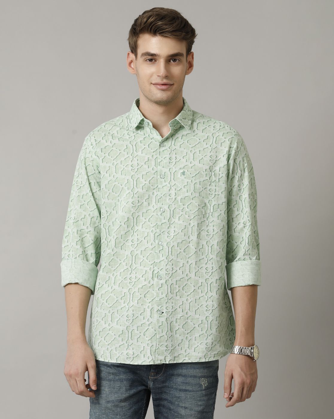 Men's Blended Linen Green Printed Contemporary Fit Full Sleeve Casual Shirt