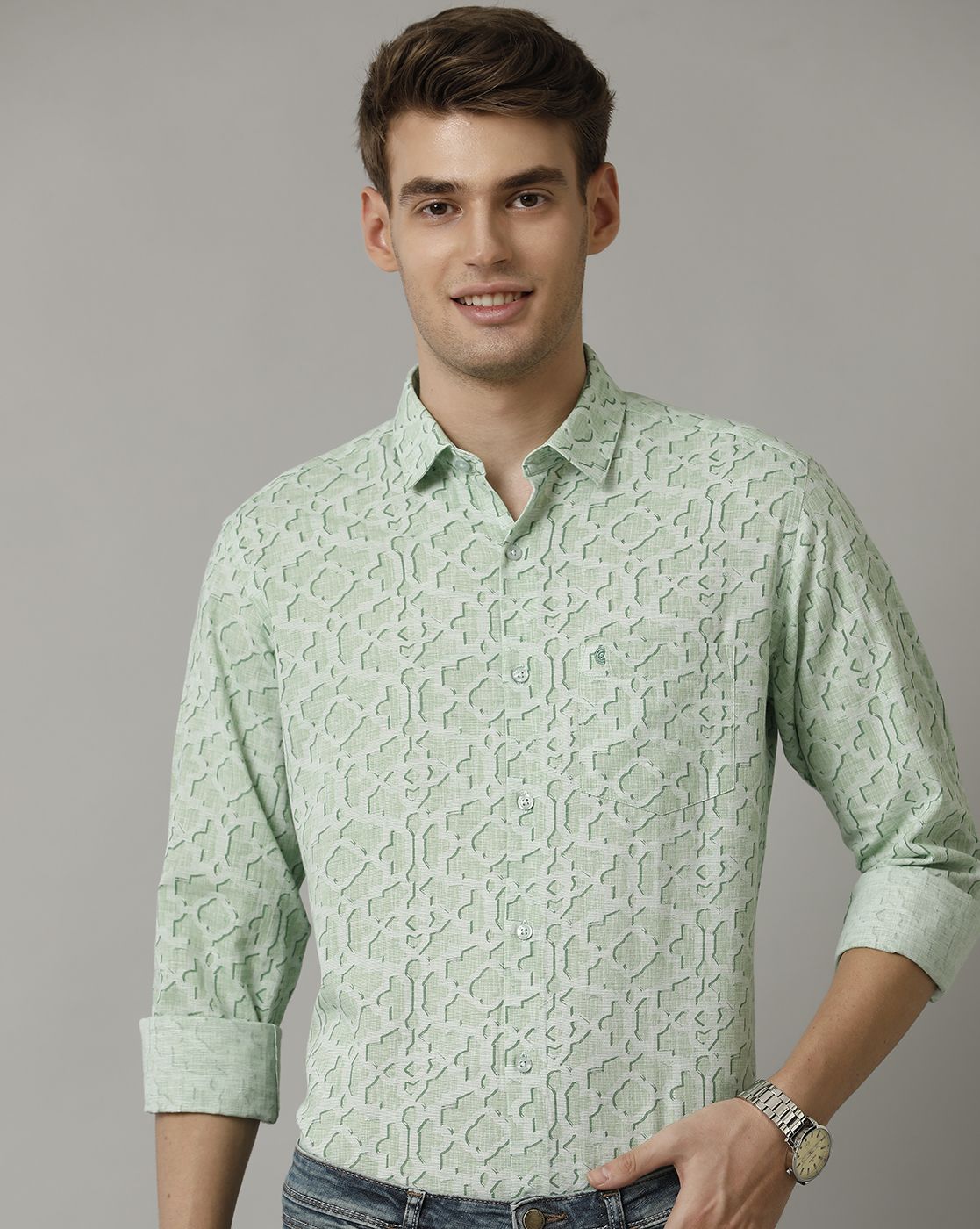 Men's Blended Linen Green Printed Contemporary Fit Full Sleeve Casual Shirt