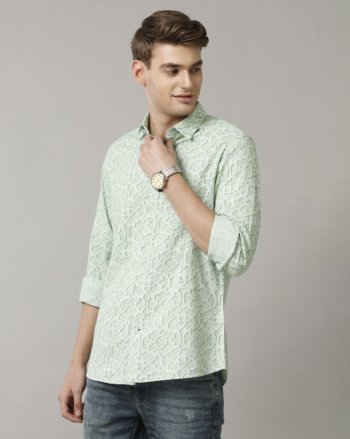 Men's Blended Linen Green Printed Contemporary Fit Full Sleeve Casual Shirt