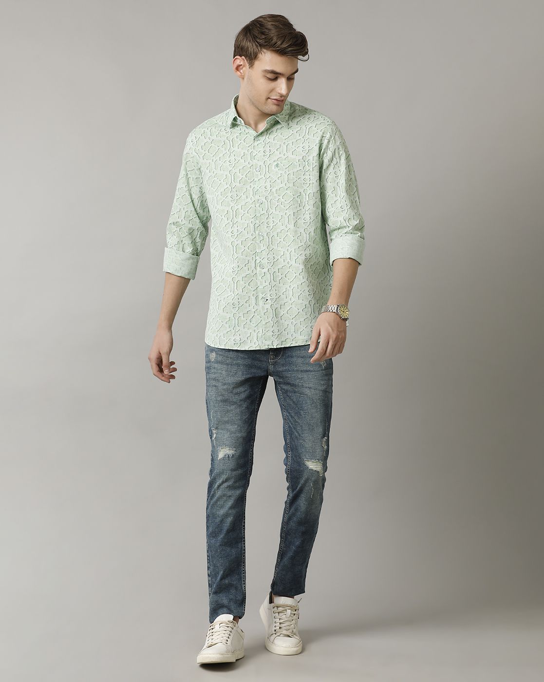 Men's Blended Linen Green Printed Contemporary Fit Full Sleeve Casual Shirt