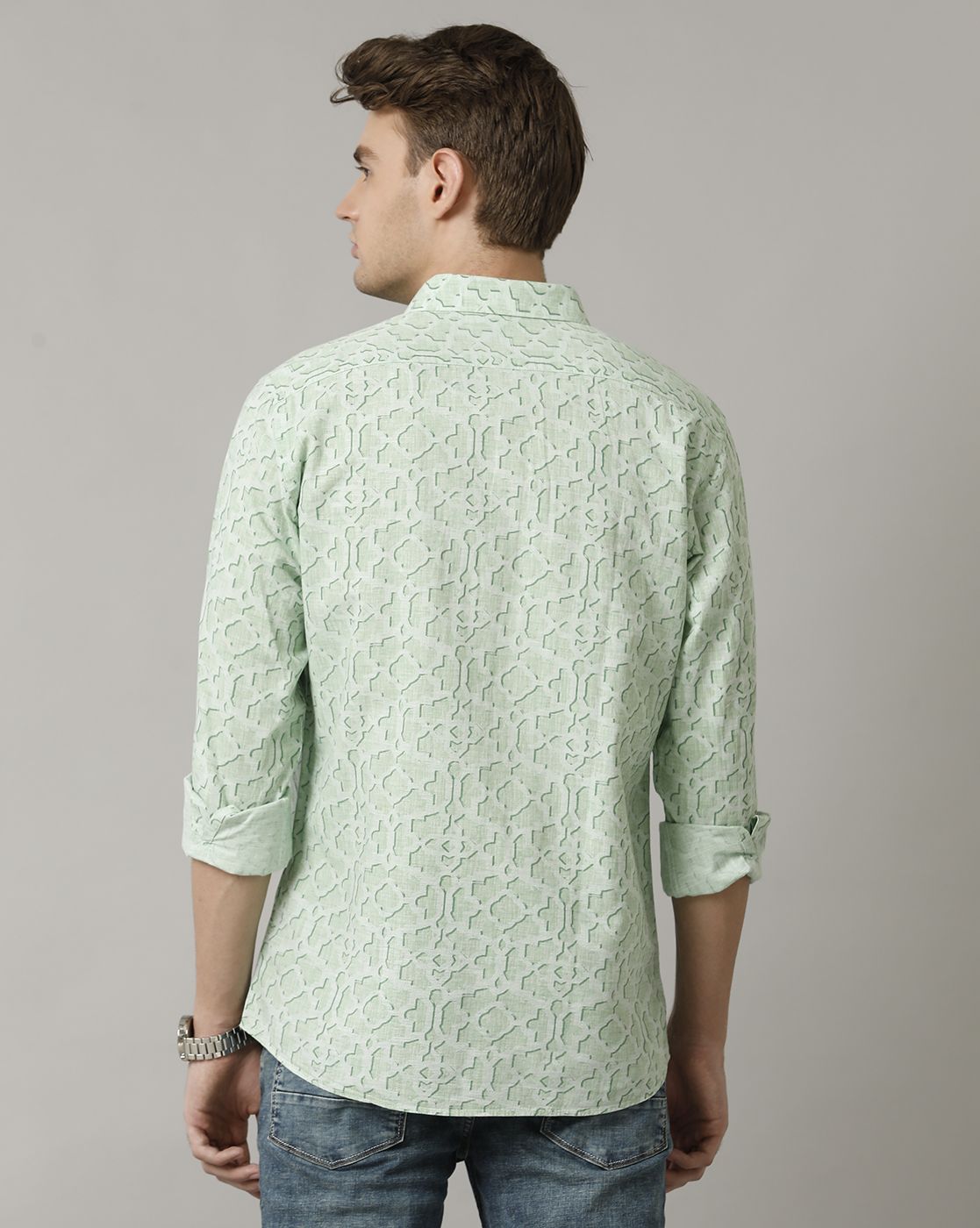 Men's Blended Linen Green Printed Contemporary Fit Full Sleeve Casual Shirt
