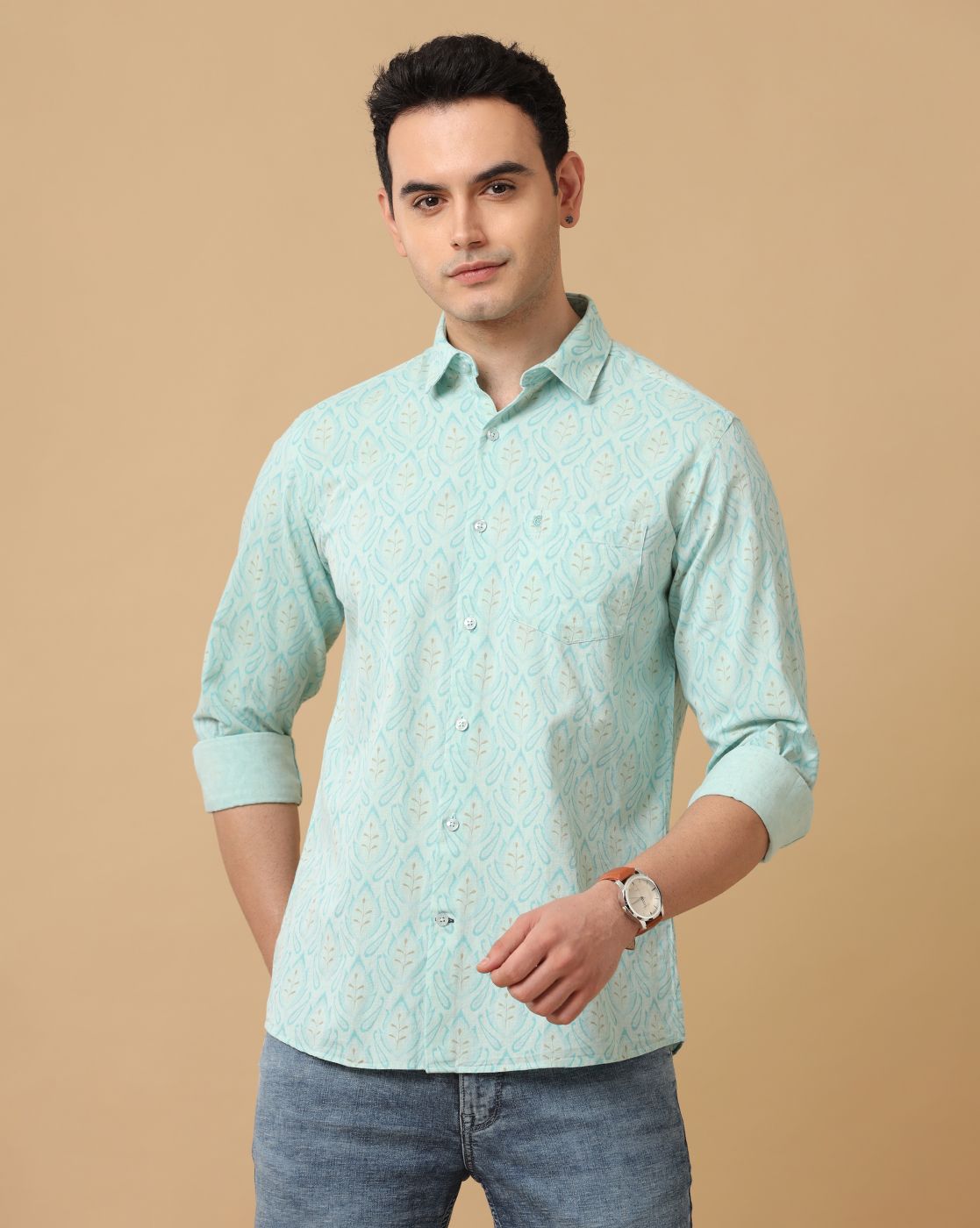 Men's Blended Linen Blue Printed Contemporary Fit Full Sleeve Casual Shirt