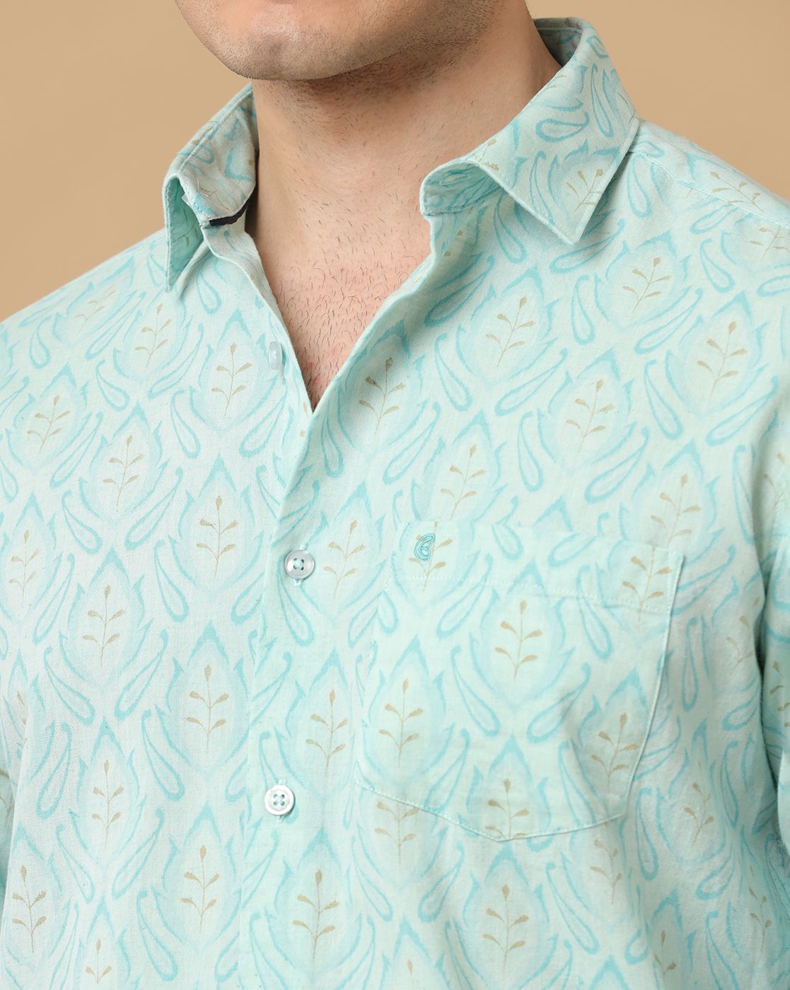 Men's Blended Linen Blue Printed Contemporary Fit Full Sleeve Casual Shirt