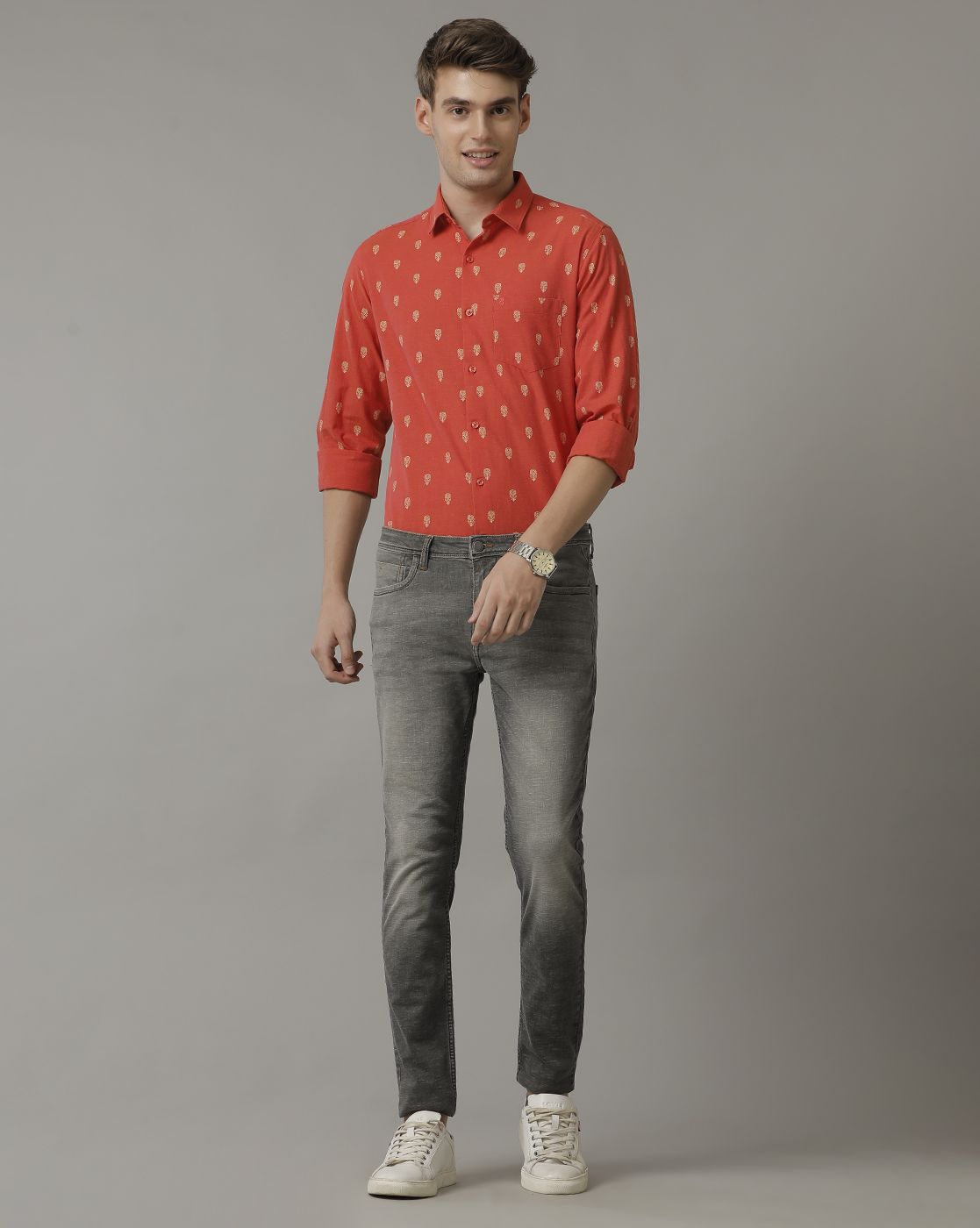 Men's Blended Linen Red Printed Contemporary Fit Full Sleeve Casual Shirt