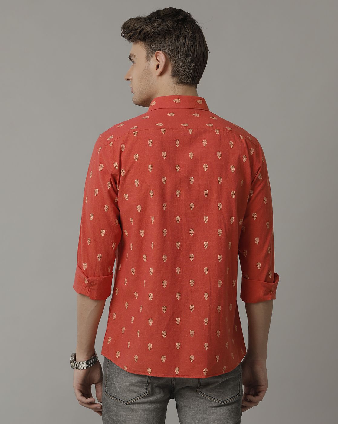 Men's Blended Linen Red Printed Contemporary Fit Full Sleeve Casual Shirt