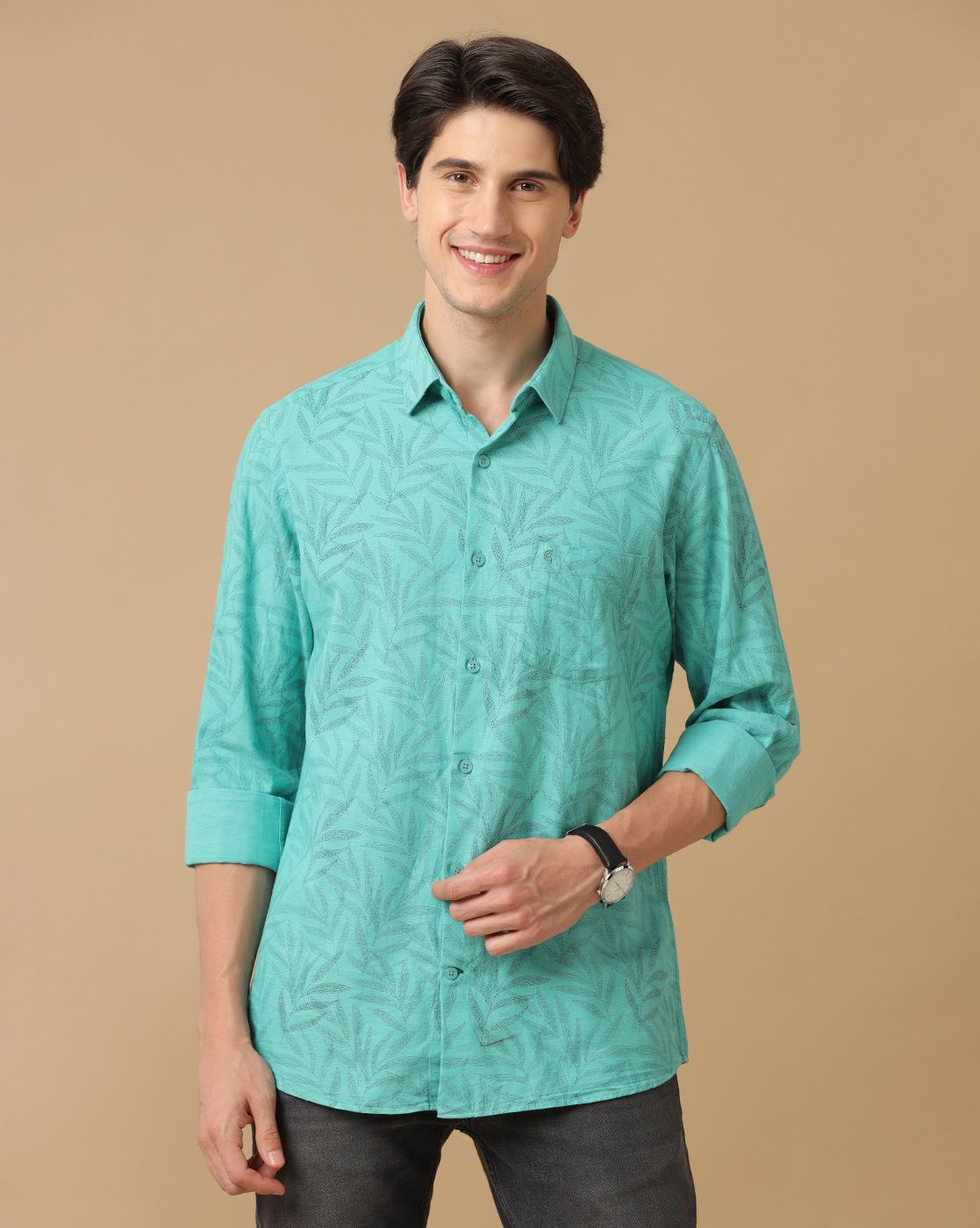 Men's Blended Linen Green Printed Contemporary Fit Full Sleeve Casual Shirt