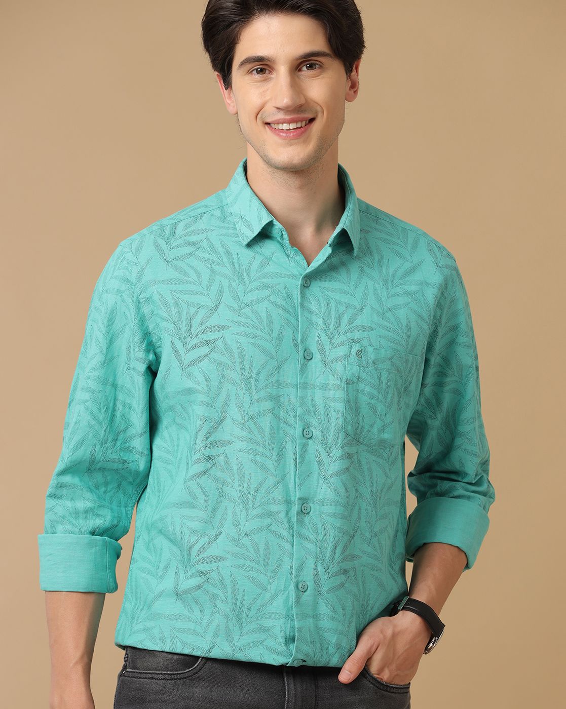 Men's Blended Linen Green Printed Contemporary Fit Full Sleeve Casual Shirt