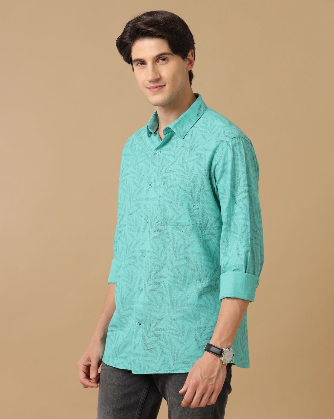 Men's Blended Linen Green Printed Contemporary Fit Full Sleeve Casual Shirt