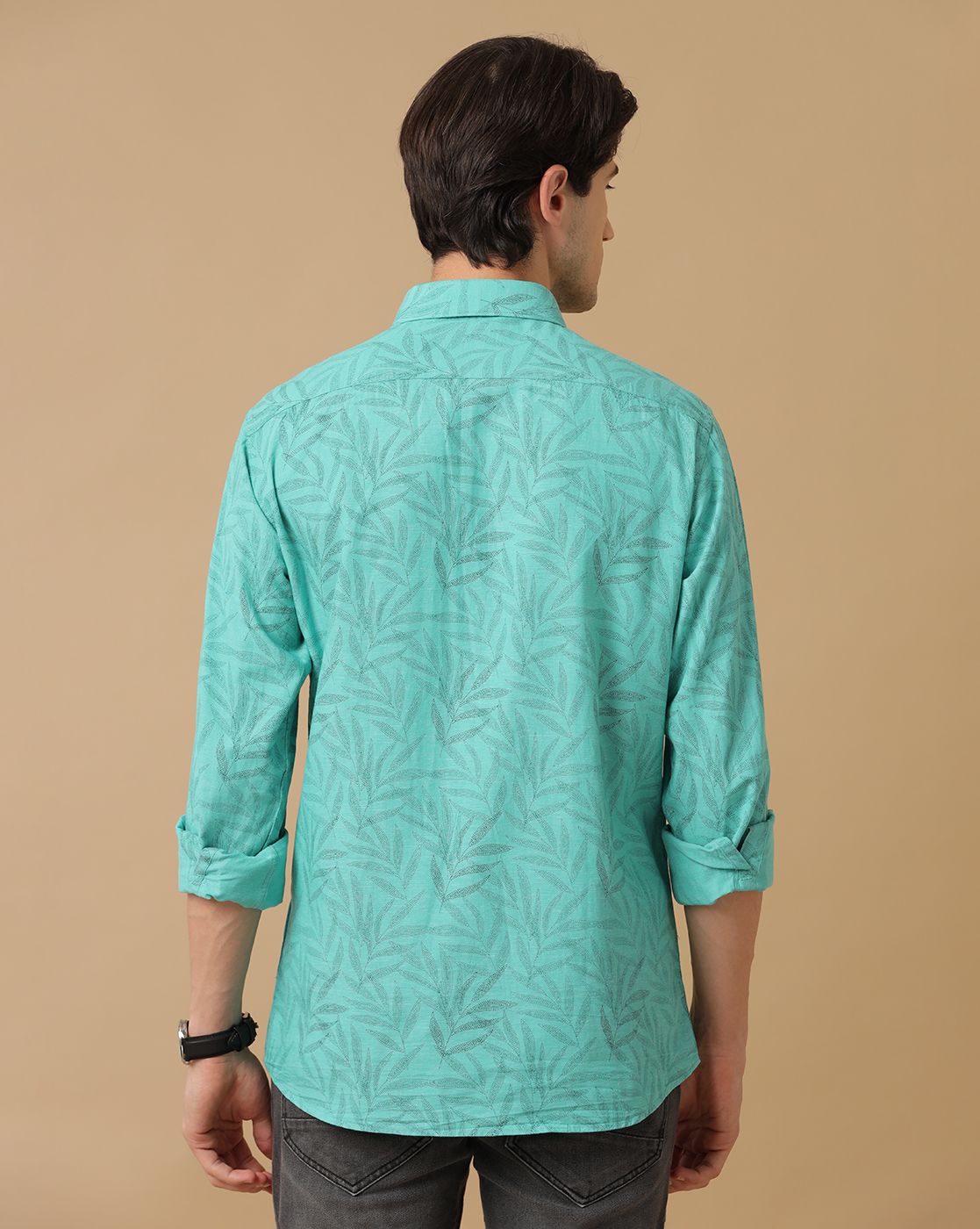 Men's Blended Linen Green Printed Contemporary Fit Full Sleeve Casual Shirt