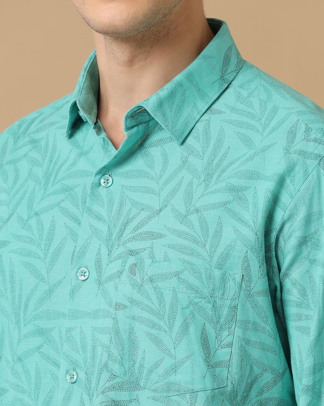 Men's Blended Linen Green Printed Contemporary Fit Full Sleeve Casual Shirt