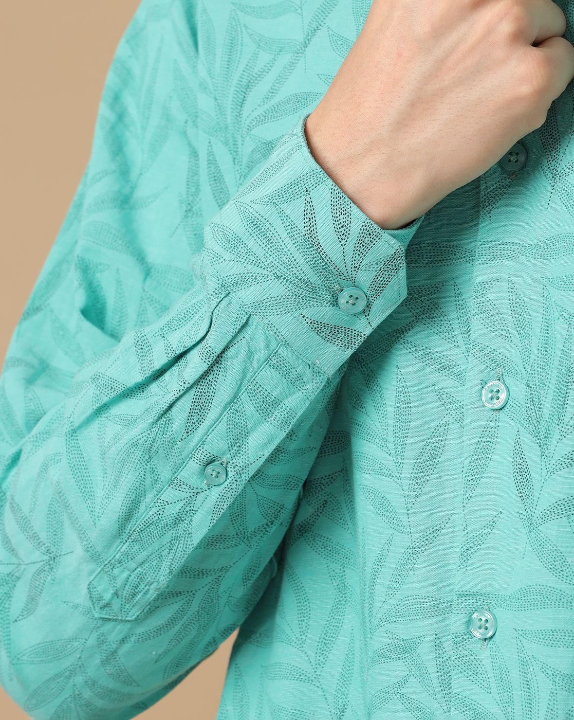 Men's Blended Linen Green Printed Contemporary Fit Full Sleeve Casual Shirt