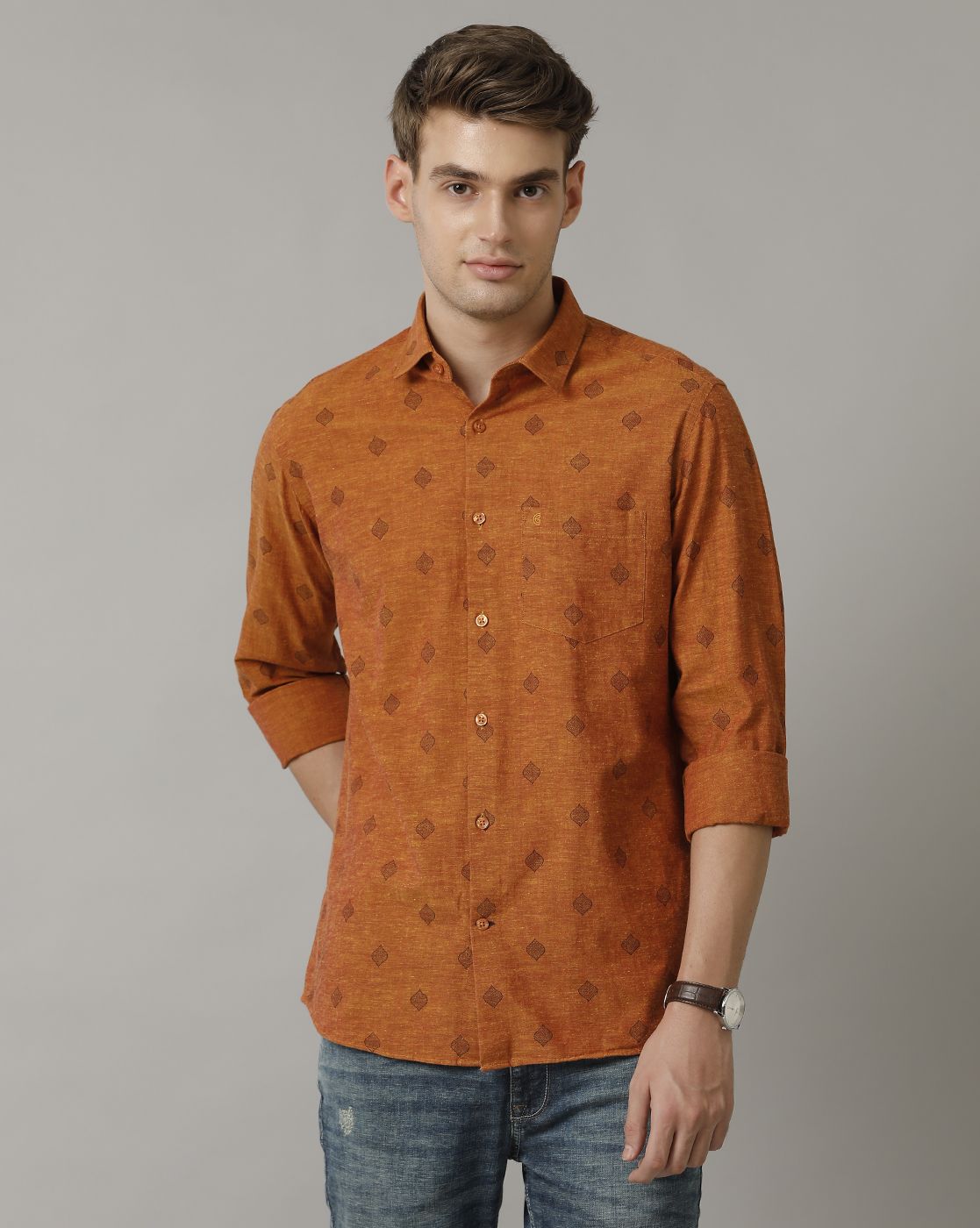 Men's Blended Linen Orange Printed Contemporary Fit Full Sleeve Casual Shirt