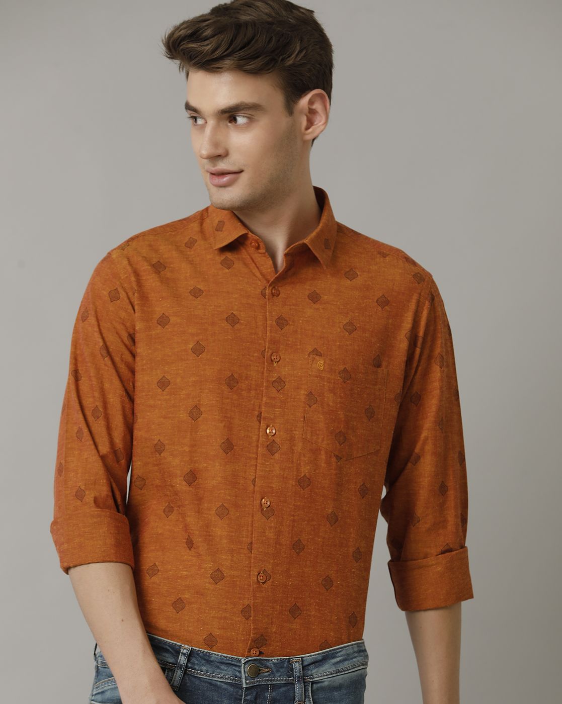 Men's Blended Linen Orange Printed Contemporary Fit Full Sleeve Casual Shirt