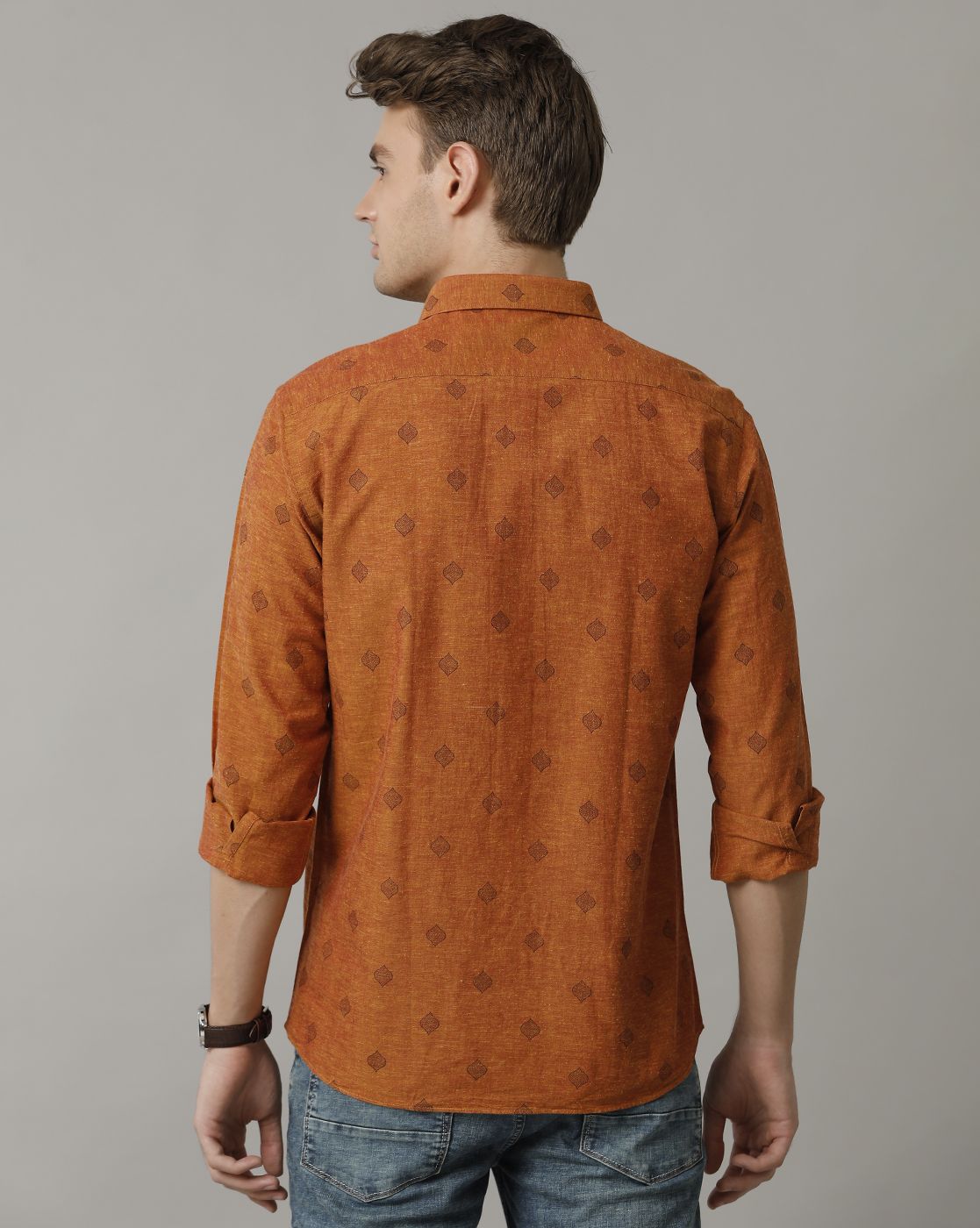 Men's Blended Linen Orange Printed Contemporary Fit Full Sleeve Casual Shirt