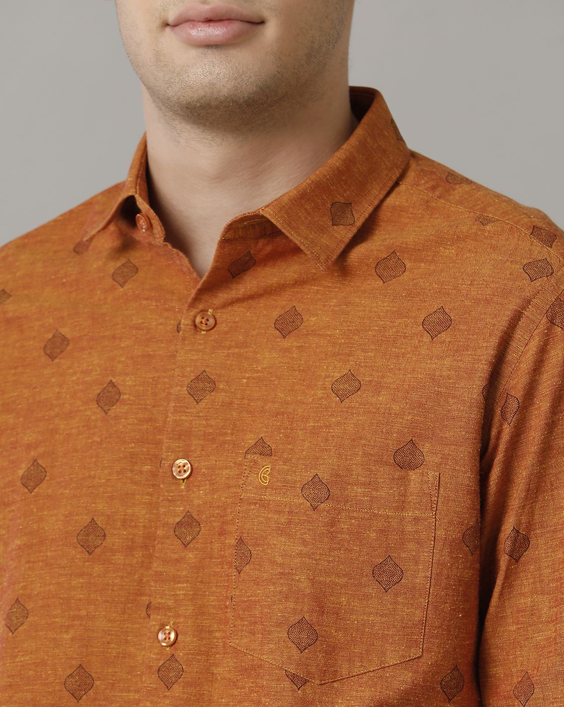 Men's Blended Linen Orange Printed Contemporary Fit Full Sleeve Casual Shirt