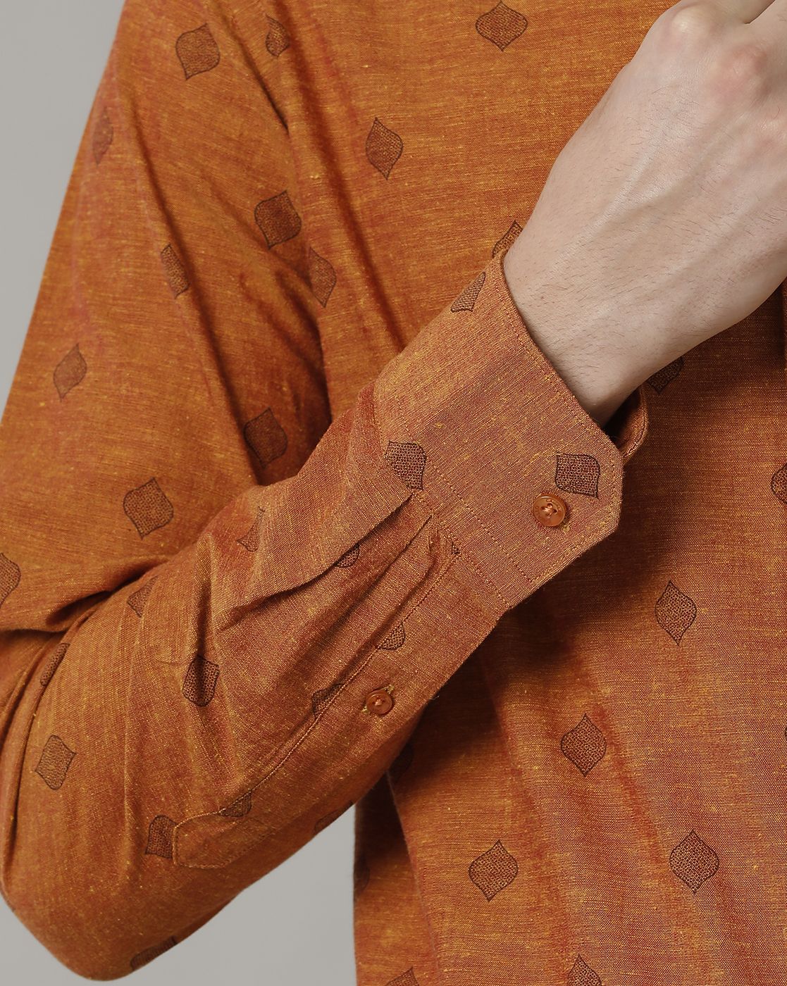 Men's Blended Linen Orange Printed Contemporary Fit Full Sleeve Casual Shirt