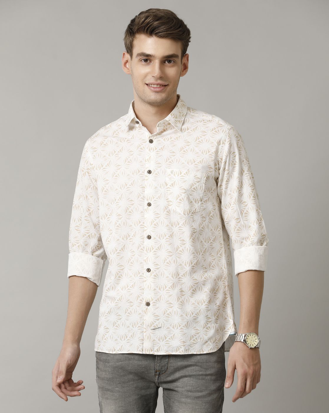 Men's Blended Linen Brown Printed Contemporary Fit Full Sleeve Sleeve Casual Shirt