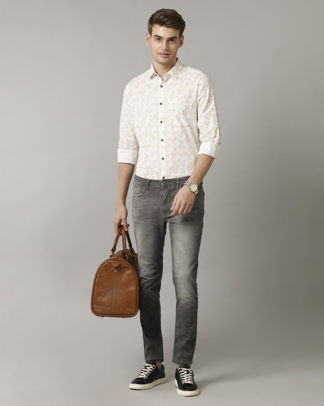 Men's Blended Linen Brown Printed Contemporary Fit Full Sleeve Sleeve Casual Shirt