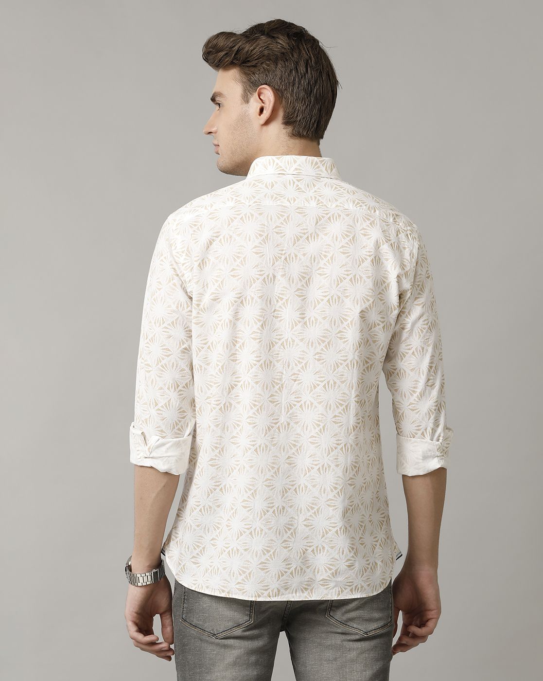 Men's Blended Linen Brown Printed Contemporary Fit Full Sleeve Sleeve Casual Shirt