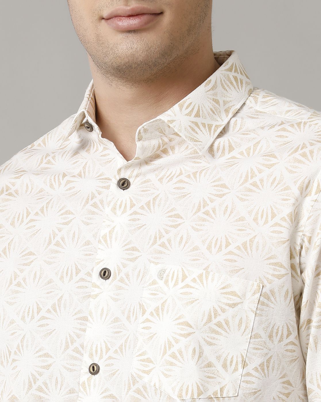Men's Blended Linen Brown Printed Contemporary Fit Full Sleeve Sleeve Casual Shirt