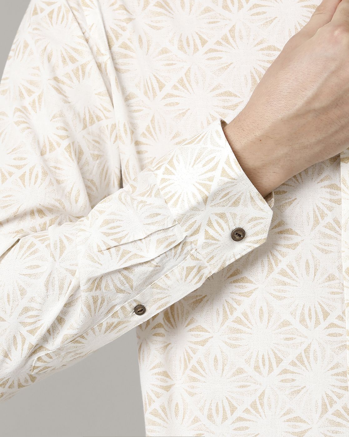 Men's Blended Linen Brown Printed Contemporary Fit Full Sleeve Sleeve Casual Shirt