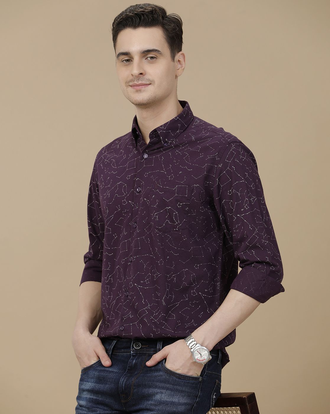 CAVALLO by Linen Club Men's Blended Linen Purple Printed Contemporary Fit Full Sleeve Casual Shirt