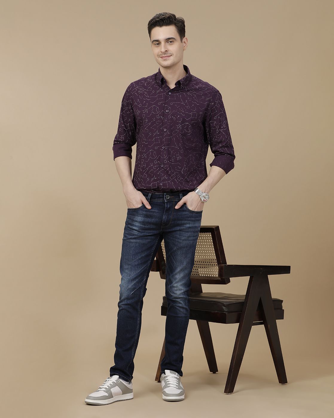 CAVALLO by Linen Club Men's Blended Linen Purple Printed Contemporary Fit Full Sleeve Casual Shirt