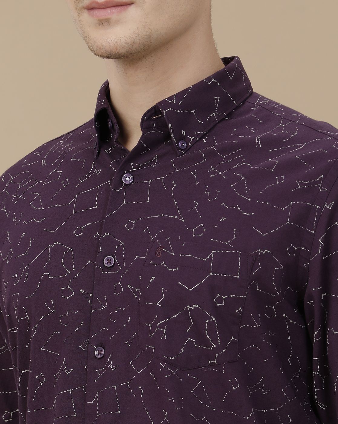 CAVALLO by Linen Club Men's Blended Linen Purple Printed Contemporary Fit Full Sleeve Casual Shirt