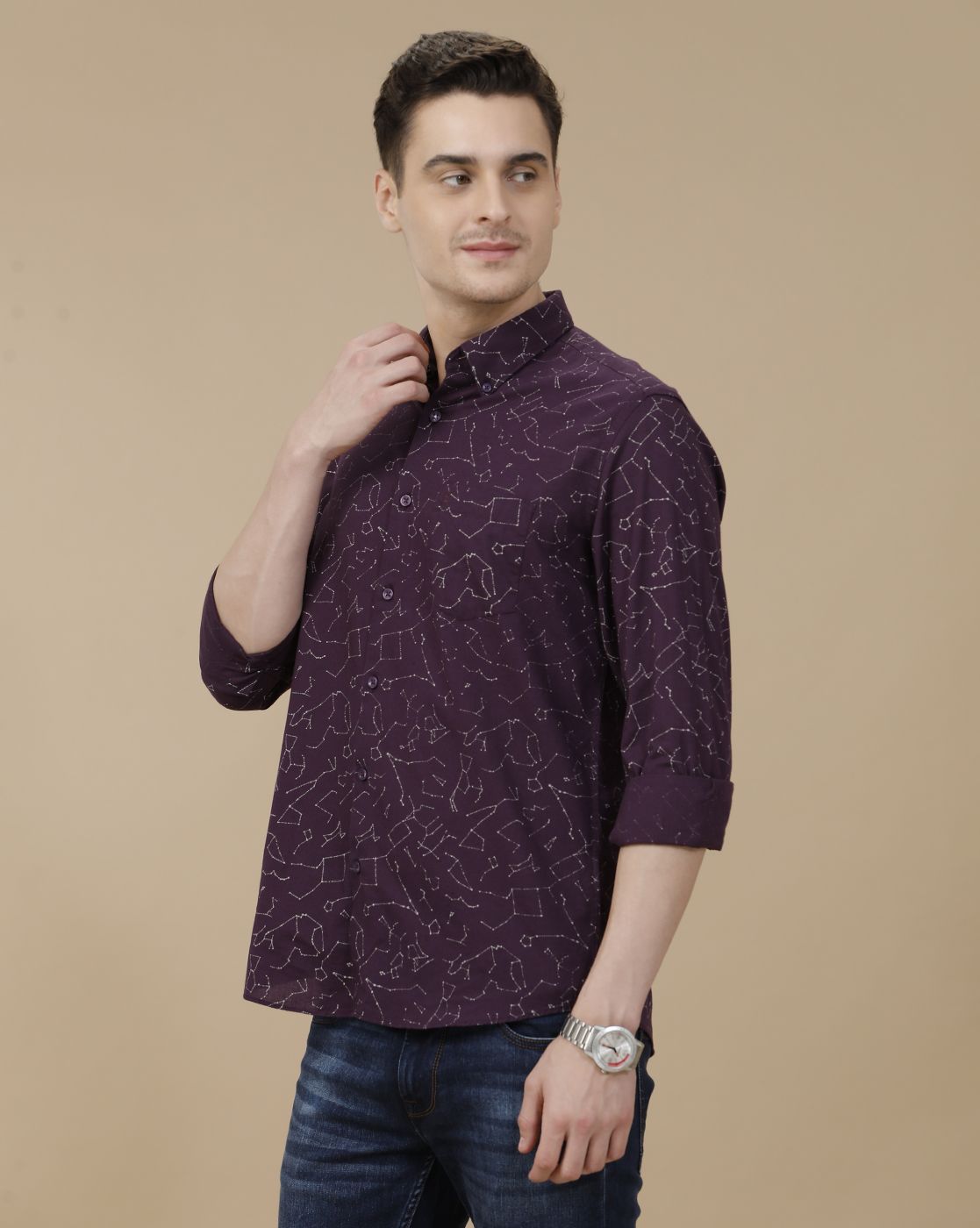 CAVALLO by Linen Club Men's Blended Linen Purple Printed Contemporary Fit Full Sleeve Casual Shirt
