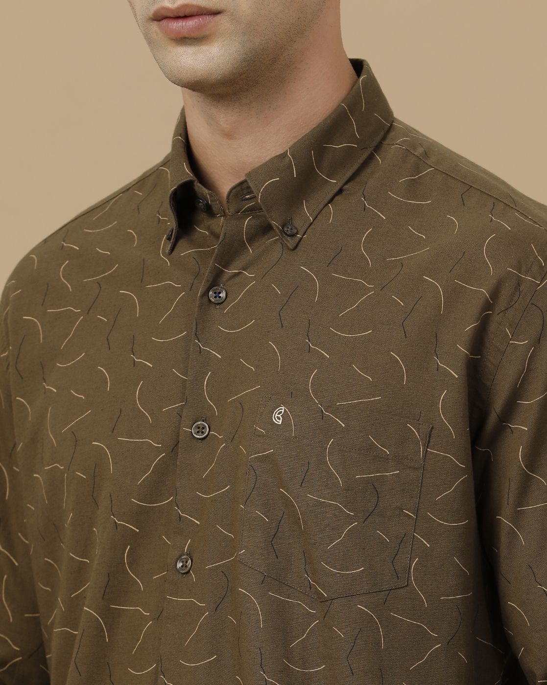 CAVALLO by Linen Club Men's Blended Linen Olive Printed Contemporary Fit Full Sleeve Casual Shirt