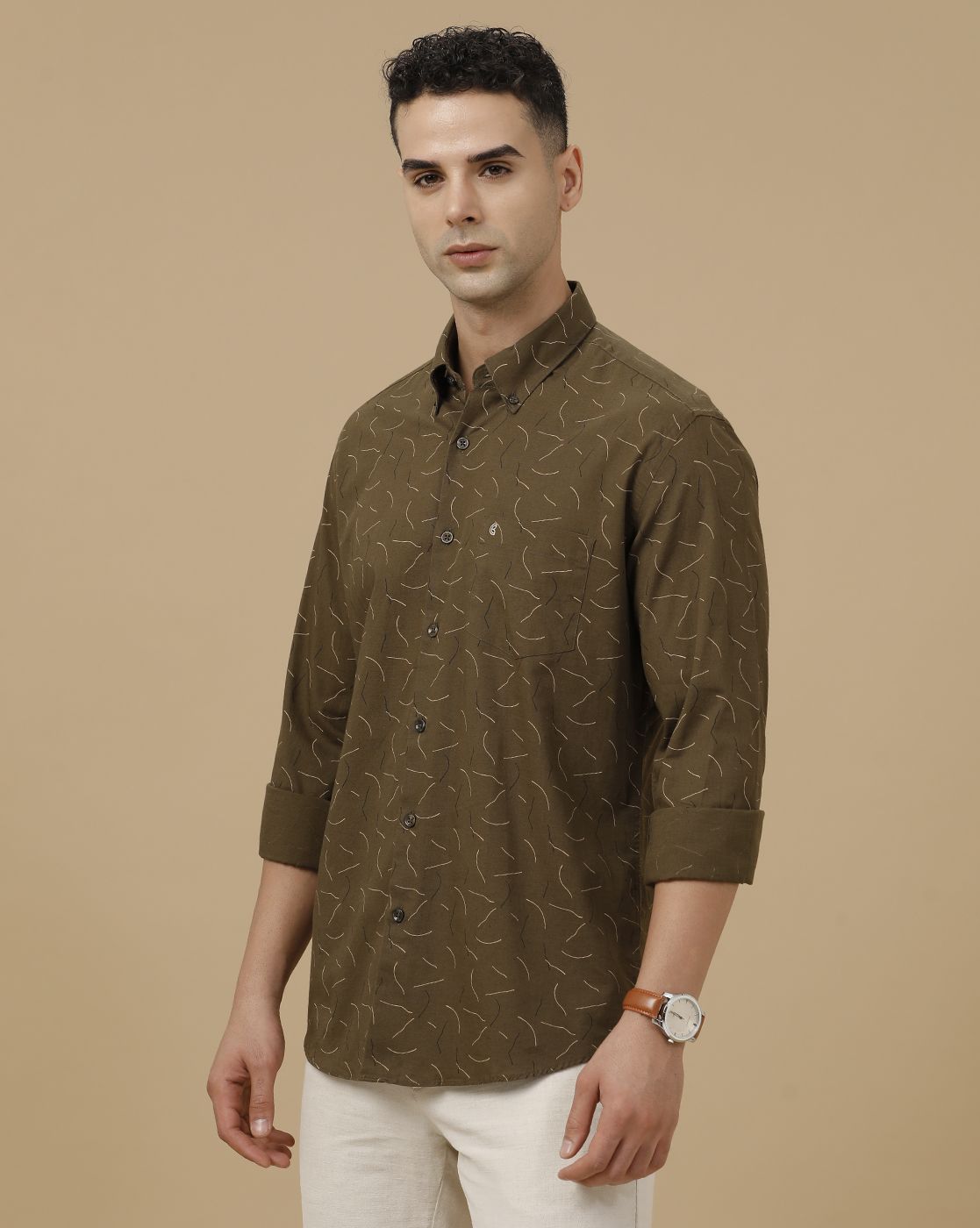 CAVALLO by Linen Club Men's Blended Linen Olive Printed Contemporary Fit Full Sleeve Casual Shirt