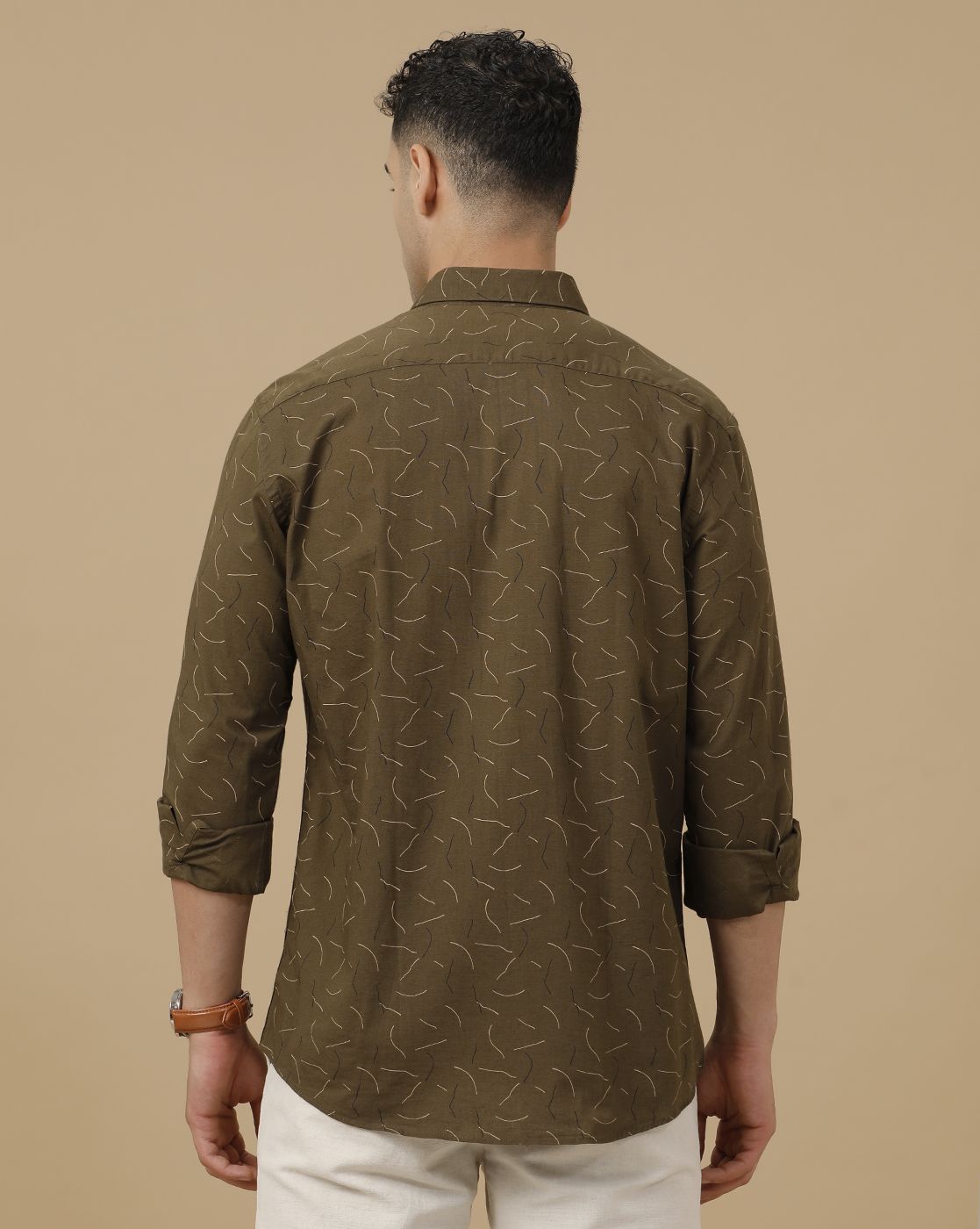 CAVALLO by Linen Club Men's Blended Linen Olive Printed Contemporary Fit Full Sleeve Casual Shirt