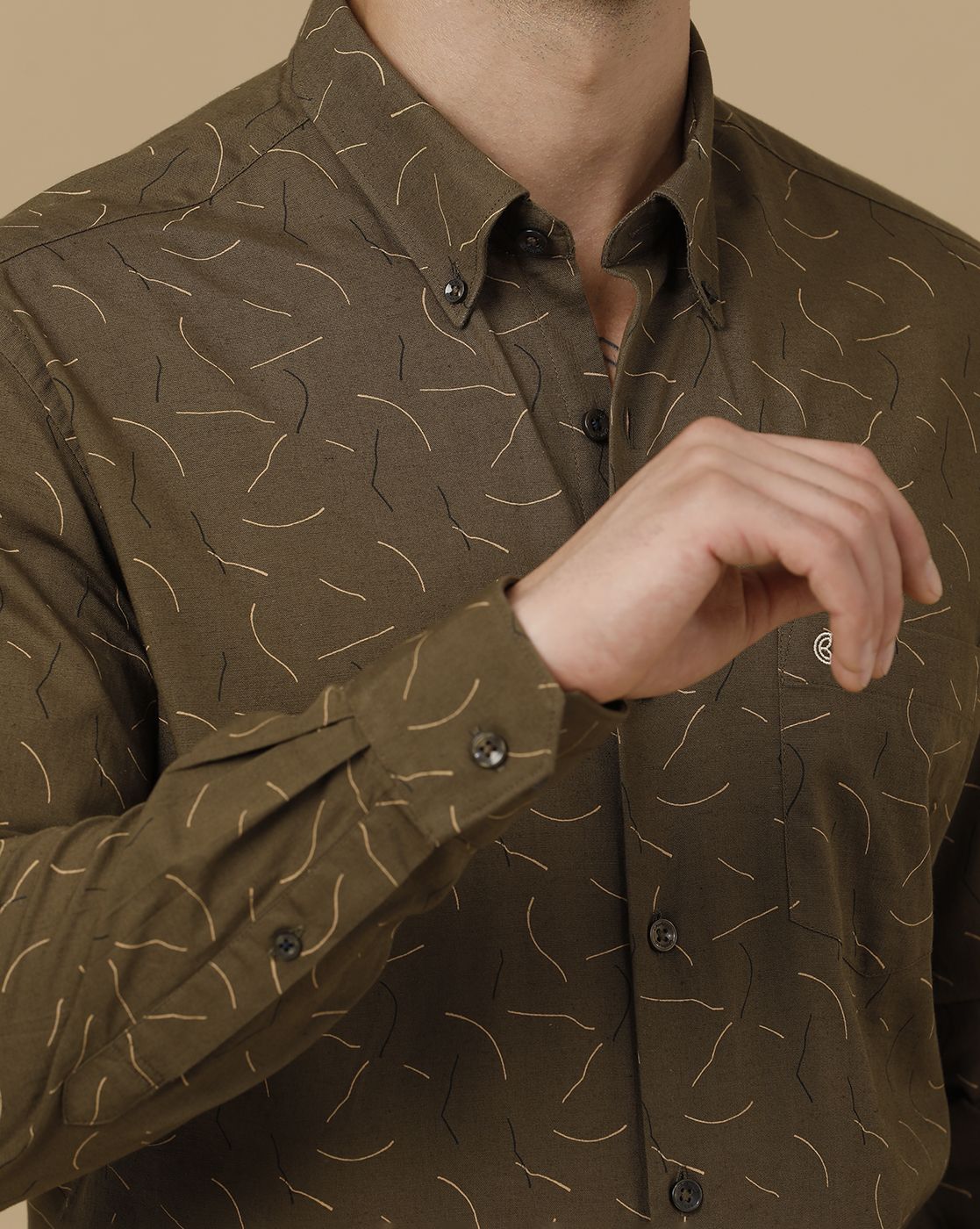 CAVALLO by Linen Club Men's Blended Linen Olive Printed Contemporary Fit Full Sleeve Casual Shirt