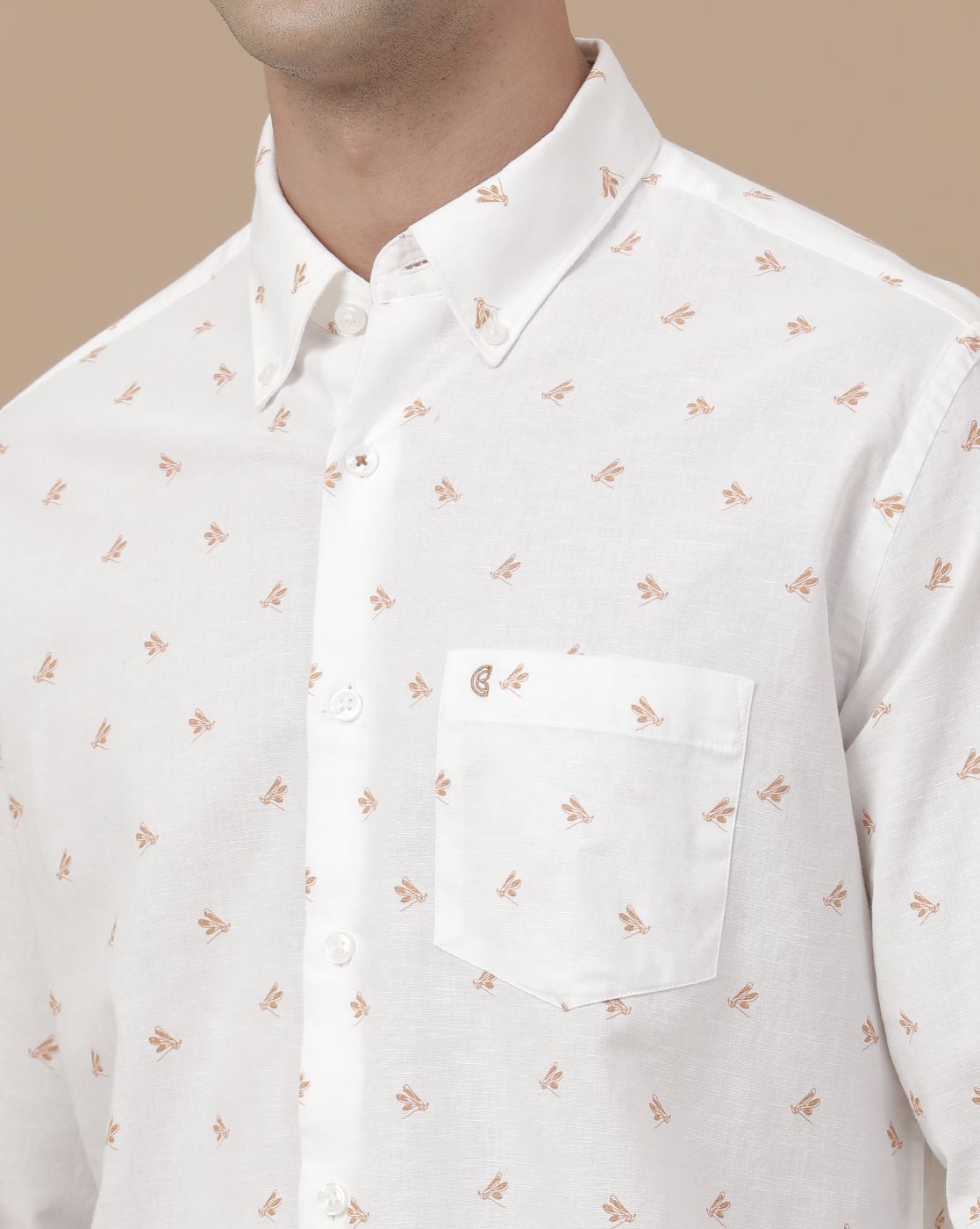 CAVALLO by Linen Club Men's Blended Linen White Printed Contemporary Fit Full Sleeve Casual Shirt
