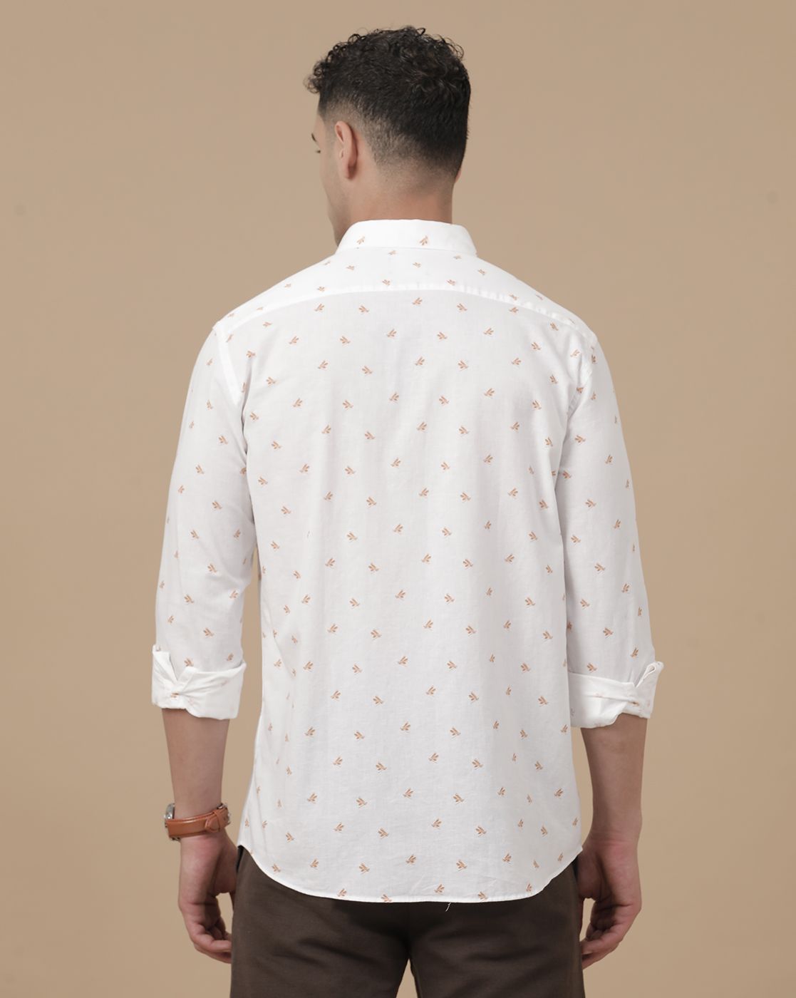 CAVALLO by Linen Club Men's Blended Linen White Printed Contemporary Fit Full Sleeve Casual Shirt